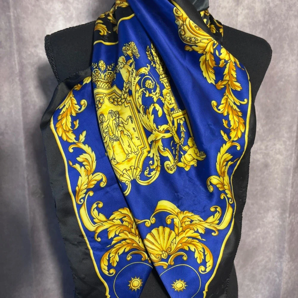NWT Baroque Silk Scarf Womens  Blue Gold Regal 34x34 Made In Italy Luxury